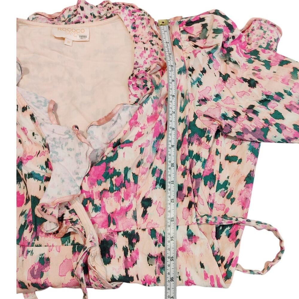 Rococo Sand Mimi Wrap Dress Long Sleeve V Neck Ruffled Pink Watercolor Medium - Picture 8 of 14